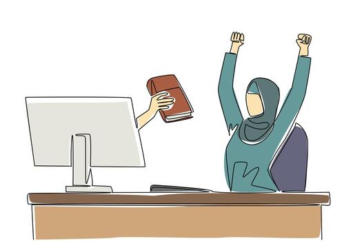 Single one line drawing hands out of the monitor screen while holding a thick book. Career journey book. Success in building a business. Things from Screen. Continuous line design graphic illustration vector