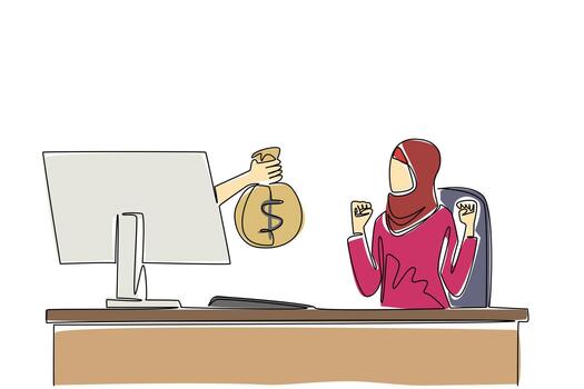 Continuous one line drawing hands out of monitor screen while holding money bag. Fun business when profit is big. Feeling of enthusiasm. Things from Screen. Single line draw design illustration vector