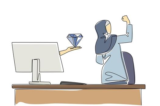 Single one line drawing hands out of the monitor screen while holding a diamond. A luxurious surprise resulting from hard work. Happy. Things from Screen. Continuous line design graphic illustration vector