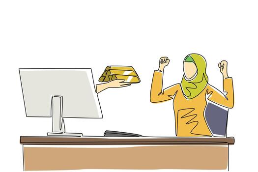 Single one line drawing hands out of the monitor screen while holding a gold stack. More benefits from gold investment. Enthusiastic. Things from Screen. Continuous line design graphic illustration vector