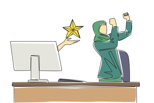 Single one line drawing hands out of monitor screen while holding a star shape. Best rating is a good thing. The first step to success. Things from Screen. Continuous line design graphic illustration vector