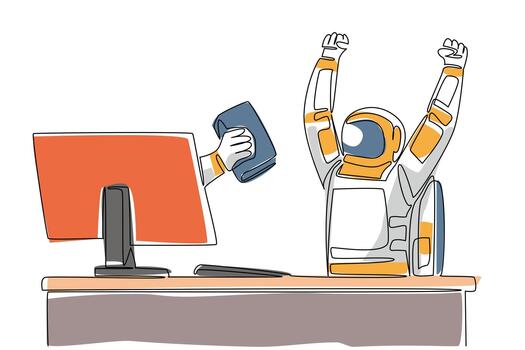 Single one line drawing hand of astronaut out of monitor screen while holding a thick book. Adventure book. Survival in space. Bookworm. Things from Screen. Continuous line design graphic illustration vector