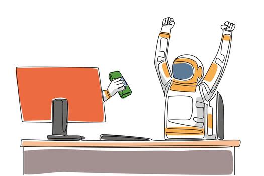 Single one line drawing hand of astronaut out of the monitor screen while holding a stack of banknotes. Potential to achieve success. Things from Screen. Continuous line design graphic illustration vector