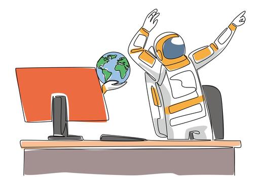 Single one line drawing hand of astronaut out of monitor screen while holds globe. Getting good news from earth. Feeling of enthusiasm. Things from Screen. Continuous line design graphic illustration vector
