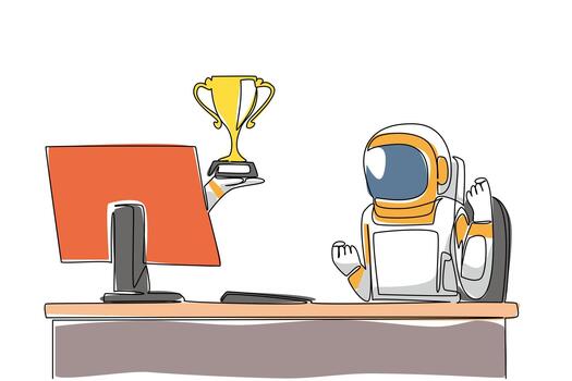 soltero uno línea dibujo mano de astronauta fuera de monitor pantalla mientras participación un trofeo. reconocimiento de expedición logros contento. cosas desde pantalla. continuo línea diseño gráfico ilustración vector