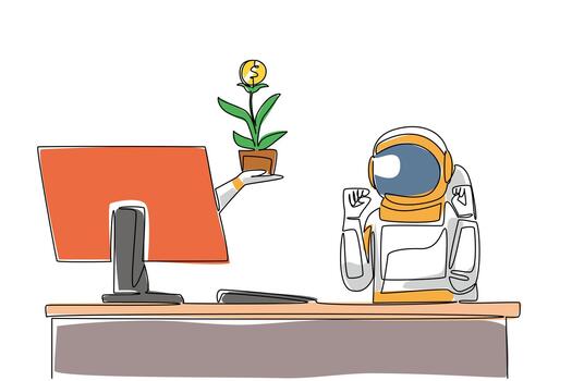 Single continuous line drawing hand of astronaut out of monitor screen while holds money tree with dollar coin fruit. Astronauts and investment. Things from Screen. One line design illustration vector
