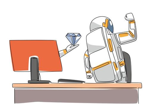 soltero uno línea dibujo mano de astronauta fuera de monitor pantalla mientras sostiene diamante. lujoso diamantes desde el Luna. sin par lujo. cosas desde pantalla. continuo línea diseño gráfico ilustración vector