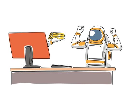 Single continuous line drawing hand of astronaut out of monitor screen while holding a gold stack. Finding gold during a space expedition. Things from Screen. One line design illustration vector