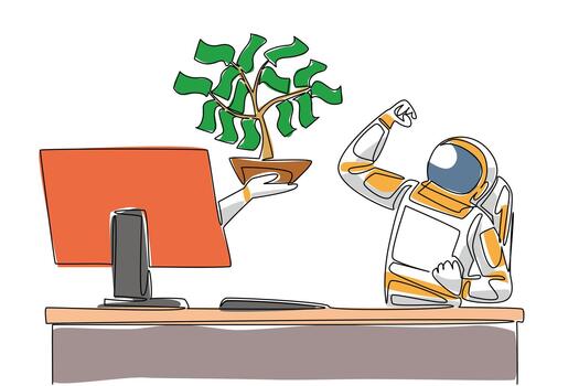 continuo uno línea dibujo mano de astronauta fuera de monitor pantalla sostiene dinero árbol con hojas hecho de Billetes inteligente inversión. cosas desde pantalla. soltero línea dibujar diseño ilustración vector