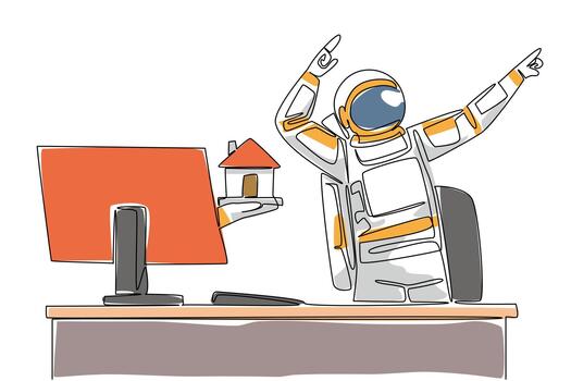 Continuous one line drawing hand of astronaut out of monitor screen while holding a miniature house. The joy of the expedition is over. Things from Screen. Single line draw design illustration vector