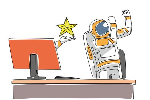 Continuous one line drawing hand of astronaut out of monitor screen while holding a star shape. Astronauts who shine like stars. Rate. Things from Screen. Single line draw design illustration vector