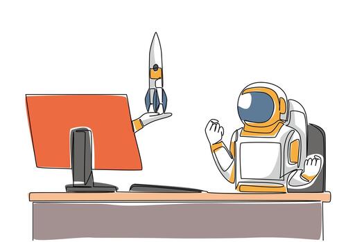 Single one line drawing hand of astronaut out of monitor screen while holding a rocket. Expedition rocket successfully refurbished. Things from Screen. Continuous line design graphic illustration vector