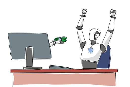 Single continuous line drawing hand of robot out from monitor screen holding a safe stack of banknotes. Very profitable copyright sales. Tech. Things from Screen. One line design illustration vector