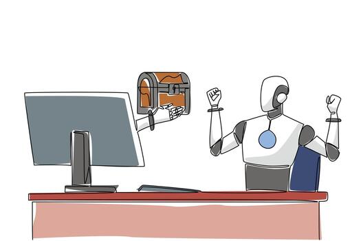 Single one line drawing hand of robot out from monitor screen holding a treasure chest. Antique objects and technological intelligence. Things from Screen. Continuous line design graphic illustration vector