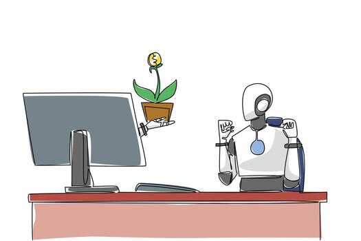 continuo uno línea dibujo mano de robot fuera de monitor pantalla mientras sostener dinero árbol con dólar moneda fruta. inversión diseñador robot. cosas desde pantalla. soltero línea dibujar diseño ilustración vector