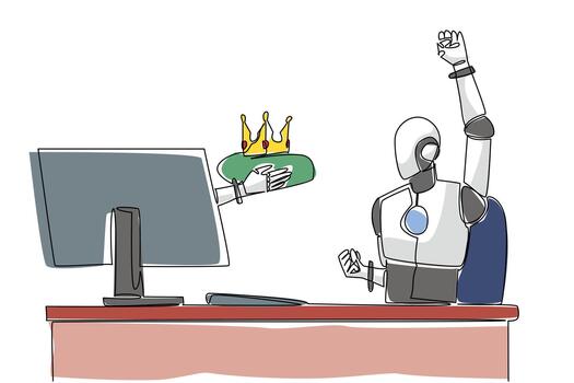 continuo uno línea dibujo mano de robot fuera de monitor pantalla mientras participación un corona. el más alto trono de artificial inteligencia. cosas desde pantalla. soltero línea dibujar diseño ilustración vector