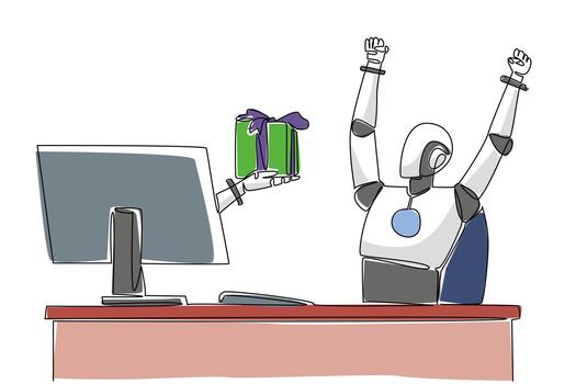 soltero continuo línea dibujo mano de robot fuera de monitor pantalla mientras participación regalo caja. siempre entretenido con varios sorpresas ai. tecnología cosas desde pantalla. uno línea diseño ilustración vector