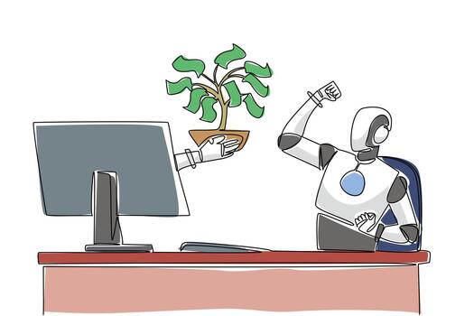 continuo uno línea dibujo mano de robot fuera de monitor pantalla mientras sostener dinero árbol con hojas hecho de Billetes derivación beneficios. cosas desde pantalla. soltero línea dibujar diseño ilustración vector