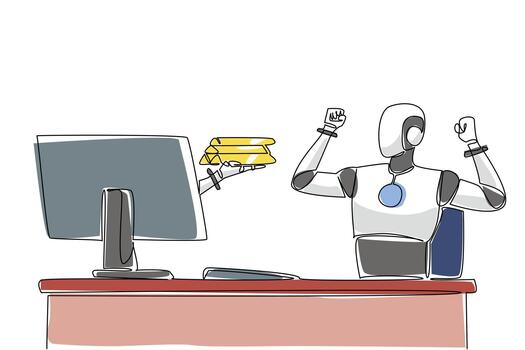 soltero uno línea dibujo mano de robot fuera de monitor pantalla mientras participación oro pila. múltiple beneficios de oro inversión. inteligente robot. cosas desde pantalla. continuo línea diseño gráfico ilustración vector