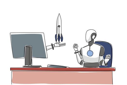 continuo uno línea dibujo mano de robot fuera de monitor pantalla mientras participación un cohete. negocio innovación en el puesta en marcha mundo. tecnología cosas desde pantalla. soltero línea dibujar diseño ilustración vector