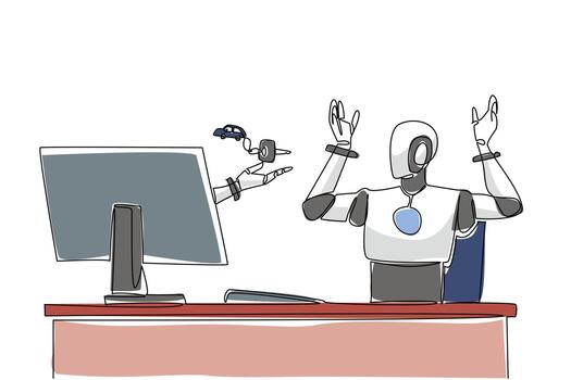 Single one line drawing hand of robot out of monitor screen while holding car key with a car keychain. Reliable robot that produces car. Things from Screen. Continuous line design graphic illustration vector