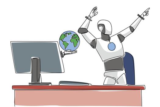 Single one line drawing hand of robot out of monitor screen holding a globe. Artificial intelligence connects continents. Wide network. Things from Screen. Continuous line design graphic illustration vector