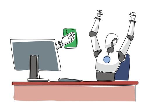 Continuous one line drawing hand of robot out of monitor screen while . holding thick book. Manual guidance enables intelligence. Tech. Things from Screen. Single line draw design illustration vector