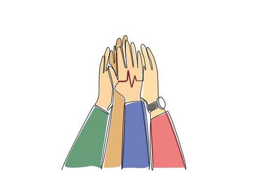 Single continuous line drawing several hands doing high five with heart pulse in the middle. Agreed to prioritize health. National Employee Health and Fitness Day. One line design illustration vector