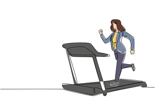 Single continuous line drawing woman in blazer running on treadmill with heart impulse. Exercise before busy working. National Employee Health and Fitness Day. One line design illustration vector