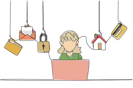 soltero continuo línea dibujo un abuela mecanografía en un ordenador portátil y algunos íconos exigir acceso. datos vulnerabilidad ese fácil a cortar a tajos. nacional mayor fraude conciencia día. uno línea diseño ilustración vector