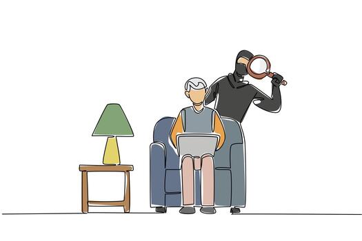 Single continuous line drawing grandpa sit on the sofa hold laptop with a thief using a magnifier behind. Not safe. Secureles. National Senior Fraud Awareness Day. One line design illustration vector