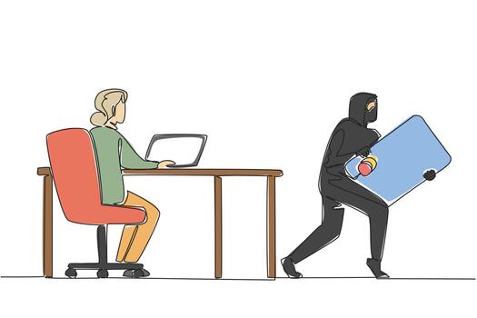 continuo uno línea dibujo abuela mecanografía en ordenador portátil y ladrón tomando crédito tarjeta desde detrás pantalla. hackear. datos. nacional mayor fraude conciencia día. soltero línea dibujar diseño ilustración vector