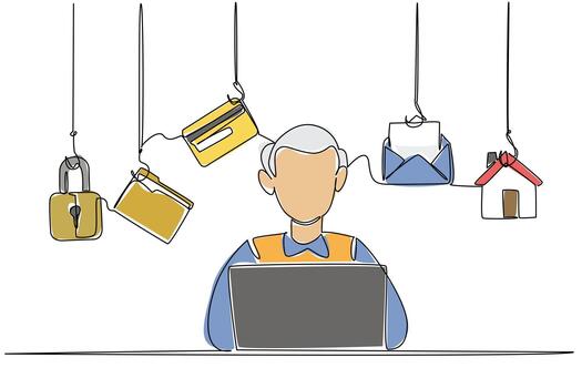 Single one line drawing a grandpa typing on laptop and some icons that require login. Data that is vulnerable to theft. National Senior Fraud Awareness Day. Continuous line design graphic illustration vector