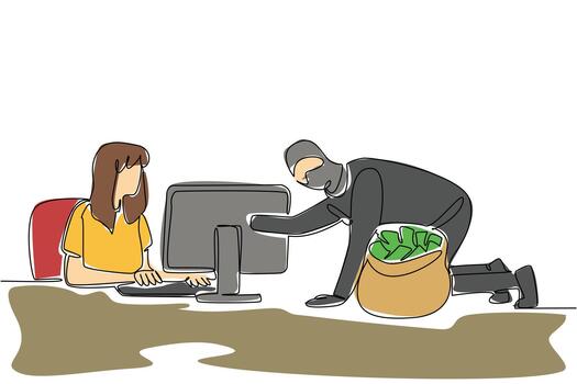 Continuous one line drawing woman typing and thief putting the hand into the monitor. Fatal user error. Money drained. National Senior Fraud Awareness Day. Single line draw design illustration vector