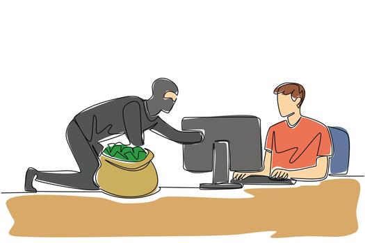 Single one line drawing a man typing and thief putting the hand into the monitor. Weak password are cracked by hacker. National Senior Fraud Awareness Day. Continuous line design graphic illustration vector