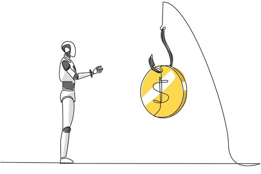 Continuous one line drawing robot chasing a hook with a dollar coin attached. System error. No danger detected. Trap. National Senior Fraud Awareness Day. Single line draw design illustration vector