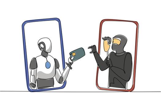Continuous one line drawing robot emerges from smartphone and hands credit card to thief. Weak system. Big loss. Hack. National Senior Fraud Awareness Day. Single line draw design illustration vector