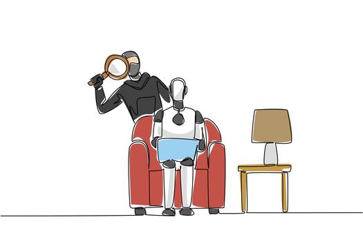 soltero continuo línea dibujo robot se sienta en sofá participación ordenador portátil y enmascarado ladrón usos un lupa observar antes de rotura en. nacional mayor fraude conciencia día. uno línea diseño ilustración vector