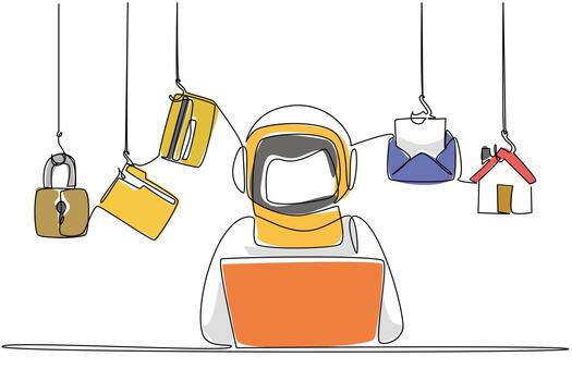 Single continuous line drawing astronaut typing on laptop and 5 important icons. Struggling to secure some important accounts. National Senior Fraud Awareness Day. One line design illustration vector