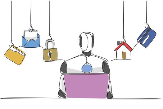 soltero continuo línea dibujo robot mecanografía en ordenador portátil y 5 5 importante iconos inteligencia a seguro múltiple cuentas seguro. nacional mayor fraude conciencia día. uno línea diseño ilustración vector