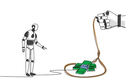 Continuous one line drawing robot walking towards a rope trap containing several stacks of banknotes. Barriers to a sophisticated future. Trap. Money Bait. Single line draw design illustration vector