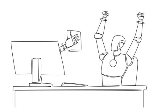 Continuous one line drawing hand of robot out of monitor screen while . holding thick book. Manual guidance enables intelligence. Tech. Things from Screen. Single line draw illustration vector