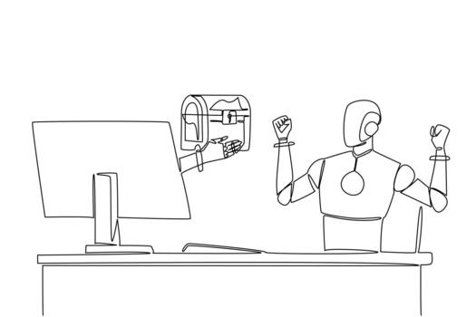 Single one line drawing hand of robot out from monitor screen holding a treasure chest. Antique objects and technological intelligence. Things from Screen. Continuous line design illustration vector