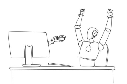 Single continuous line drawing hand of robot out from monitor screen holding a safe stack of banknotes. Very profitable copyright sales. Tech. Things from Screen. One line design vector