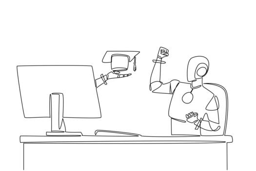 soltero continuo línea dibujo mano de robot fuera de monitor pantalla mientras participación graduación gorra. adición de inteligencia algoritmos más inteligente. cosas desde pantalla. uno línea ilustración vector