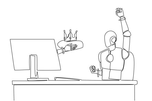 Continuous one line drawing hand of robot out of monitor screen while holding a crown. The highest throne of artificial intelligence. Things from Screen. Single line draw illustration vector