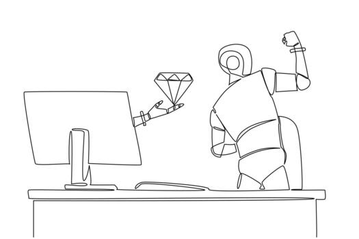 Single one line drawing hand of robot out of monitor screen while holding a diamond. The luxury of artificial intelligence. Smart robot. Things from Screen. Continuous line design illustration vector