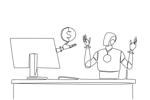 soltero continuo línea dibujo mano de robot fuera de monitor pantalla mientras participación centavo. diseño un ahorros programa, tecnología gestiona finanzas. cosas desde pantalla. uno línea ilustración vector