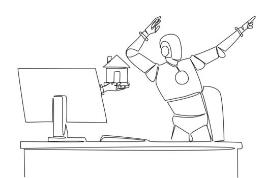 Single one line drawing hand of robot out of monitor screen while holding a miniature house. Design the dream home with AI technology. Things from Screen. Continuous line design illustration vector