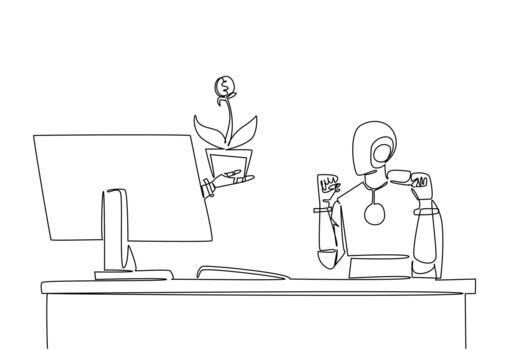 continuo uno línea dibujo mano de robot fuera de monitor pantalla mientras sostener dinero árbol con dólar moneda fruta. inversión diseñador robot. cosas desde pantalla. soltero línea dibujar diseño vector